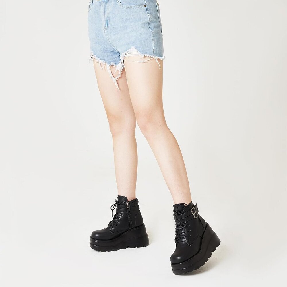 Women Synthetic 4-Black Chunky High Heel Lace Up Motorcycle Combat Boots - Picture 6 of 7